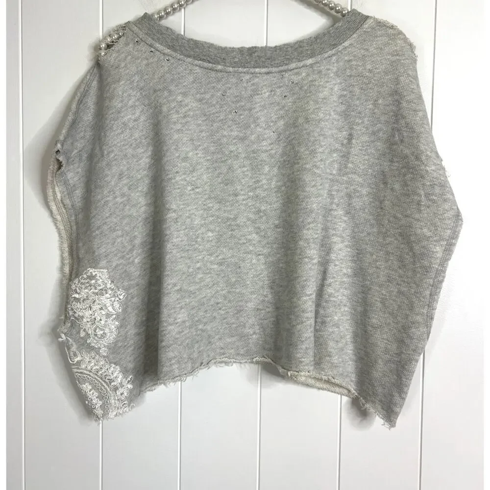 Free People Cropped Gray Sweatshirt with Bead and Lace Applica Size Large - Picture 5 of 7